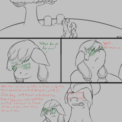 Size: 1024x1024 | Tagged: safe, artist:korencz11, applejack, granny smith, g4, atg 2018, comic, female, filly, filly applejack, gravestone, gray background, handwriting, newbie artist training grounds, sad, simple background, tree, younger