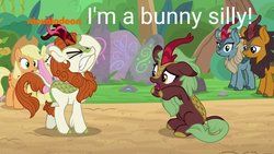 Size: 1024x576 | Tagged: safe, edit, edited screencap, screencap, applejack, autumn blaze, cinder glow, fluttershy, pumpkin smoke, sparkling brook, summer flare, earth pony, kirin, pegasus, pony, g4, sounds of silence, angry, angry face, autumn blaze is not amused, background kirin, bamboo, charade, cinderbetes, cute, eyes closed, facehoof, female, imminent nirik, male, mare, open mouth, this will end in nirik, unamused