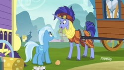 Size: 1920x1080 | Tagged: safe, screencap, hoo'far, trixie, pony, saddle arabian, unicorn, g4, road to friendship, butt, duo, eye contact, female, hoo'far's wagon, looking at each other, male, mare, plot, smiling, stallion, trixie's wagon
