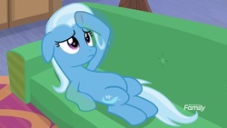 Size: 1920x1080 | Tagged: safe, screencap, trixie, pony, unicorn, g4, road to friendship, belly, couch, discovery family logo, female, mare, solo