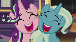 Size: 1280x720 | Tagged: safe, screencap, starlight glimmer, trixie, pony, unicorn, g4, road to friendship, cheek squish, cute, diatrixes, duo, duo female, eyes closed, female, glimmerbetes, happy, mare, mawshot, open mouth, singing, squishy cheeks, trixie's wagon, uvula, we're friendship bound