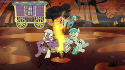 Size: 1280x720 | Tagged: safe, screencap, appointed rounds, rainy day, starlight glimmer, trixie, pegasus, pony, unicorn, g4, road to friendship, background pony, female, fire, fire swamp, flame geyser, hat, mailmare, mailmare hat, mailpony, mare, swamp, trixie's wagon