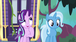 Size: 1280x720 | Tagged: safe, screencap, starlight glimmer, trixie, pony, unicorn, g4, road to friendship, duo, female, hoof on chin, mare, smiling