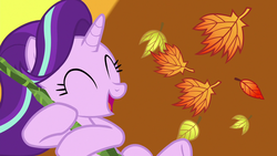 Size: 1280x720 | Tagged: safe, screencap, starlight glimmer, pony, unicorn, g4, road to friendship, ^^, autumn, cute, eyes closed, female, glimmerbetes, leaves, mare, open mouth, solo, starlight wallpaper, we're friendship bound