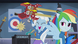 Size: 1280x720 | Tagged: safe, screencap, rainbow dash, trixie, equestria girls, g4, guitar centered, my little pony equestria girls: rainbow rocks, double neck guitar, electric guitar, female, grin, guitar, laughing, musical instrument, open mouth, ponied up, poster, smiling