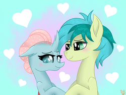 Size: 640x480 | Tagged: dead source, safe, artist:vallary-rainbow, ocellus, sandbar, g4, abstract background, blushing, female, heart, heart background, interspecies, looking at each other, male, ship:ocelbar, shipping, signature, straight