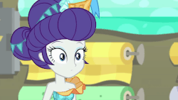 Size: 998x561 | Tagged: safe, screencap, applejack, rarity, equestria girls, equestria girls series, g4, rollercoaster of friendship, alternate hairstyle, animated, bare shoulders, carousel dress, cute, female, geode of super strength, gif, photo booth (song), raribetes, shipping fuel, weapons-grade cute