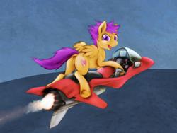 Size: 2400x1800 | Tagged: safe, artist:darkdoomer, derpibooru exclusive, scootaloo, pegasus, pony, g4, aeroscooter, cutie mark, driving, featureless crotch, female, filly, flying, frog (hoof), machine, scootaloo can fly, solo, the cmc's cutie marks, underhoof, wip