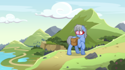 Size: 2880x1620 | Tagged: safe, artist:spectre-z, oc, oc only, oc:sight seer, earth pony, pony, goggles, male, mountain, path, raised hoof, saddle bag, scenery, solo, stallion