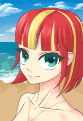 Size: 1280x1874 | Tagged: safe, artist:amarthgul, sunset shimmer, human, g4, alternate hairstyle, beach, female, humanized, looking at you, nudity, ocean, sand, short hair, smiling, solo