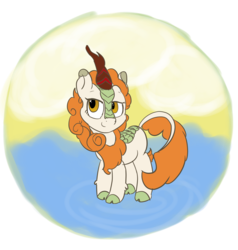 Size: 2388x2504 | Tagged: safe, artist:comfyplum, derpibooru exclusive, autumn blaze, kirin, sounds of silence, cloud, cloven hooves, crossed legs, female, lidded eyes, looking at you, mare, ripples, simple background, smiling, solo, transparent background, water