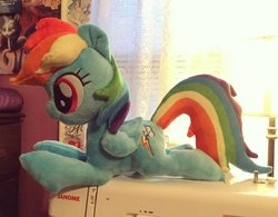 Size: 1200x934 | Tagged: dead source, safe, artist:sophie scruggs, rainbow dash, pegasus, pony, g4, female, irl, lying down, mare, photo, plushie, sewing machine, smiling, solo