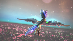 Size: 3859x2170 | Tagged: safe, artist:twitchy rudder, oc, oc only, oc:vibrant star, earth pony, pony, artificial wings, augmented, chromatic aberration, city, clothes, collar, detached sleeves, facial hair, flying, high res, hoofless socks, looking at you, male, mechanical wing, panties, socks, solo, stallion, underwear, wings