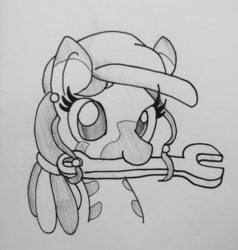 Size: 1280x1346 | Tagged: safe, artist:tjpones, oc, oc only, oc:carjack, pony, zebra, bust, ear piercing, female, grayscale, hat, lineart, monochrome, mouth hold, piercing, portrait, simple background, solo, traditional art, white background, wrench, zebra oc