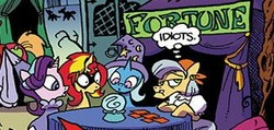 Size: 318x152 | Tagged: safe, artist:andy price, idw, official comic, big macintosh, crystal ball (g4), starlight glimmer, sunset shimmer, trixie, pony, unicorn, g4, spoiler:comic, spoiler:comic71, comic, counterparts, cropped, crystal ball, female, magical trio, masked shimmer, thought bubble, twilight's counterparts