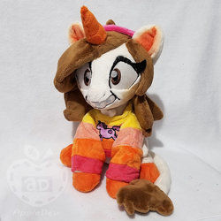 Size: 1000x1000 | Tagged: safe, artist:appledew, pony, unicorn, clothes, crazy face, faic, female, gravity falls, headband, irl, leonine tail, mabel pines, male, mare, photo, plushie, ponified, shirt, sitting, solo