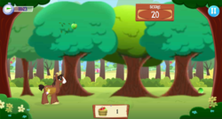 Size: 1024x550 | Tagged: safe, gameloft, trouble shoes, earth pony, pony, g4, apple, basket, food, game screencap, male, solo, stallion, tree