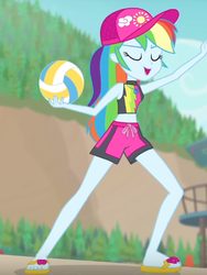 Size: 440x586 | Tagged: safe, screencap, rainbow dash, equestria girls, equestria girls specials, g4, my little pony equestria girls: better together, my little pony equestria girls: forgotten friendship, clothes, cropped, eyes closed, feet, female, flip-flops, geode of super speed, magical geodes, rainbow dash's beach shorts swimsuit, sandals, solo, sports, swimsuit, volleyball