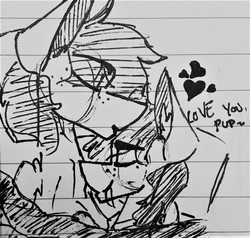 Size: 1710x1626 | Tagged: safe, artist:kirbirb, oc, oc:scarlett lane, oc:snaggletooth, earth pony, pegasus, pony, bed, black and white, duo, ear fluff, freckles, gay, grayscale, heart, in bed, kisses, male, monochrome, oc x oc, shipping, snuggling