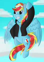 Size: 2480x3508 | Tagged: safe, artist:flamelight-dash, oc, oc only, oc:flamelight dash, pegasus, pony, clothes, flying, goggles, high res, jacket, male, solo, stallion