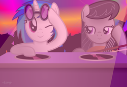 Size: 3800x2600 | Tagged: dead source, safe, artist:comfydove, dj pon-3, octavia melody, vinyl scratch, earth pony, pony, unicorn, g4, bow, bowtie, cello, duo, female, high res, looking at each other, mare, musical instrument, smiling, sunglasses, turntable