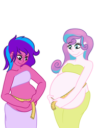 Size: 3000x4000 | Tagged: safe, artist:greta-wolf, princess flurry heart, oc, oc:melody aurora, equestria girls, g4, adult, belly, big belly, cousins, cute, duo, duo female, equestria girls-ified, female, measuring, measuring tape, multiple pregnancy, offspring, older, older flurry heart, parent:flash sentry, parent:twilight sparkle, parents:flashlight, pregnant, pretty