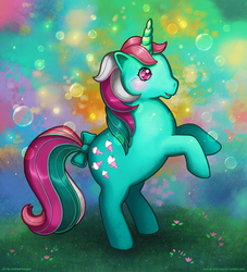 Size: 909x1000 | Tagged: safe, artist:andrea-koupal, fizzy, pony, twinkle eyed pony, unicorn, g1, bow, bubble, female, rearing, solo, tail bow