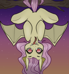 Size: 1515x1616 | Tagged: safe, artist:incapacitatedvixen, fluttershy, bat pony, pony, g4, bat wings, bifurcated tongue, fangs, female, flutterbat, full body, hanging, looking at you, prehensile tail, race swap, red eyes, slit pupils, solo, spread wings, tongue out, upside down, wings