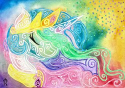 Size: 1024x721 | Tagged: safe, artist:dawn-designs-art, princess celestia, pony, g4, abstract, abstract art, bust, female, modern art, solo, traditional art, watercolor painting