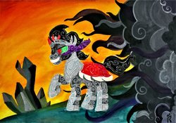 Size: 1024x718 | Tagged: safe, artist:dawn-designs-art, king sombra, pony, umbrum, unicorn, g4, the crystal empire, crystal, dark crystal, male, modern art, smoke, solo, stallion, stylized, traditional art, watercolor painting