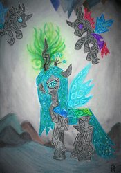 Size: 1024x1459 | Tagged: safe, artist:dawn-designs-art, pharynx, queen chrysalis, changeling, changeling queen, g4, changeling hive, female, group, modern art, stylized, traditional art, watercolor painting
