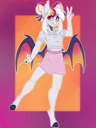 Size: 3000x4000 | Tagged: safe, artist:annakitsun3, oc, oc only, oc:nirvana nightfall, bat pony, anthro, unguligrade anthro, anthro oc, bat pony oc, belt, clothes, fangs, female, hair bun, legs, mare, miniskirt, peace sign, ribbon, short mane, skirt, solo