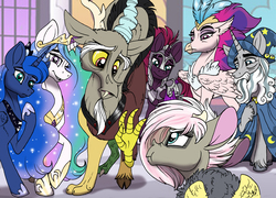 Size: 6148x4428 | Tagged: safe, artist:celestial-rainstorm, discord, princess luna, queen novo, star swirl the bearded, tempest shadow, oc, oc:athena, classical hippogriff, hippogriff, hybrid, pony, g4, my little pony: the movie, absurd resolution, armor, interspecies offspring, offspring, parent:discord, parent:fluttershy, parents:discoshy, story included