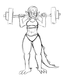 Size: 656x770 | Tagged: artist needed, safe, oc, oc only, oc:broil, satyr, abs, bra, breasts, clothes, offspring, panties, parent:fizzle, underwear, weight lifting, weights