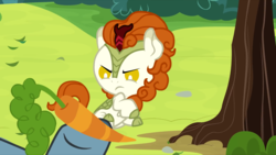 Size: 1920x1080 | Tagged: safe, artist:magpie-pony, autumn blaze, kirin, g4, sounds of silence, angry, autumn blaze is not amused, awwtumn blaze, baby, baby kirin, carrot, cute, foal, food, kirinbetes, madorable, unamused, younger, youtube link