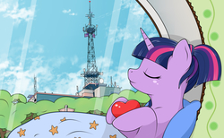 Size: 1394x858 | Tagged: safe, artist:kirr12, twilight sparkle, alicorn, pony, g4, alternate hairstyle, eyes closed, female, heart, lying on bed, mare, radio tower, sky, solo, window