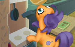 Size: 1800x1140 | Tagged: safe, artist:lockhe4rt, frying pan (g4), earth pony, pony, g4, background pony, female, food, frying pan, las pegasus resident, mare, pancakes, solo, this will not end well, waifu