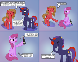 Size: 1517x1204 | Tagged: safe, artist:envyxkitty, berry punch, berryshine, oc, oc:candle wicked, oc:pun, earth pony, pony, unicorn, ask pun, g4, ask, bottle, facehoof, female, hoof hold, mare