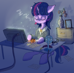 Size: 2000x1967 | Tagged: safe, artist:mistleinn, twilight sparkle, pony, unicorn, fallout equestria, g4, clothes, computer, eyes closed, fan, female, flower, mare, ministry mares, ministry of arcane sciences, mug, night, office, quill, quill pen, sitting, sleeping, solo, table, terminal, unicorn twilight, zzz