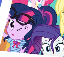 Size: 411x366 | Tagged: safe, screencap, pinkie pie, rarity, sci-twi, twilight sparkle, equestria girls, equestria girls specials, g4, my little pony equestria girls: better together, my little pony equestria girls: rollercoaster of friendship, cropped, cute, female, geode of sugar bombs, geode of telekinesis, glasses, photo booth, photo booth (song), ponytail, twiabetes