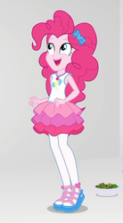 Size: 376x679 | Tagged: safe, screencap, pinkie pie, equestria girls, equestria girls specials, g4, my little pony equestria girls: better together, my little pony equestria girls: rollercoaster of friendship, clothes, cropped, cute, diapinkes, female, food, geode of sugar bombs, looking up, pantyhose, salad, sandals, shoes, skirt, smiling, solo, stress salad