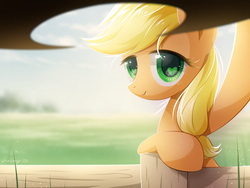 Size: 4000x3000 | Tagged: safe, artist:jeremywithlove, applejack, earth pony, pony, g4, cute, dream, female, hat, heart eyes, high res, jackabetes, looking at you, mare, offscreen character, pov, solo, weapons-grade cute, wingding eyes
