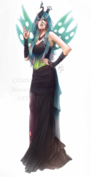 Size: 2500x4854 | Tagged: safe, artist:moriartea-chan, queen chrysalis, human, g4, fangs, female, high res, horn, horned humanization, humanized, obtrusive watermark, simple background, solo, watermark, white background, winged humanization, wings