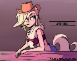 Size: 620x490 | Tagged: safe, artist:s-i-ren, applejack, human, equestria girls, g4, eared humanization, female, humanized, midriff, ponied up, solo, tailed humanization