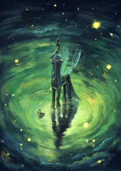 Size: 1240x1755 | Tagged: safe, artist:plainoasis, queen chrysalis, changeling, changeling queen, g4, crown, crying, female, floppy ears, jewelry, looking up, painting, reflection, regalia, sad, solo, spread wings, standing, stars, water, wings
