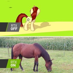 Size: 700x700 | Tagged: safe, oc, oc only, oc:sprocket, earth pony, horse, pony, unicorn, horse game, comparison, female, funny, glowing horn, grass, grazing, horn, irl, irl horse, looking away, mare, meme, nvidia, photo, rtx, seems legit, shadow