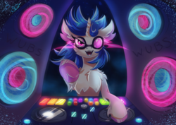 Size: 4093x2894 | Tagged: safe, artist:alexbluebird, dj pon-3, vinyl scratch, pony, unicorn, g4, broken glasses, chest fluff, dj booth, female, glasses, high res, looking at you, mare, open mouth, solo, turntable, unshorn fetlocks
