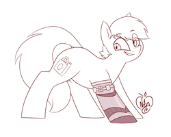 Size: 1280x1024 | Tagged: safe, artist:notenoughapples, oc, oc only, earth pony, pony, amputee, looking back, male, monochrome, prosthetic limb, prosthetics, request, simple background, sketch, smiling, solo, stallion, white background
