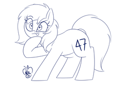 Size: 1280x896 | Tagged: safe, artist:notenoughapples, oc, oc only, oc:naveen numbers, earth pony, pony, 47, female, mare, monochrome, request, simple background, sketch, solo, thinking, tongue out, white background