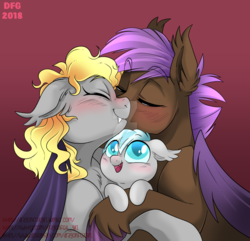 Size: 1600x1541 | Tagged: safe, artist:dragonfoxgirl, oc, oc only, oc:maple leaf, oc:prowl, oc:skysong, bat pony, fanfic:ponyville noire, bat pony oc, blushing, family, father and daughter, female, hug, husband and wife, kissing, male, mother and daughter, obtrusive watermark, oc x oc, offspring, shipping, straight, watermark